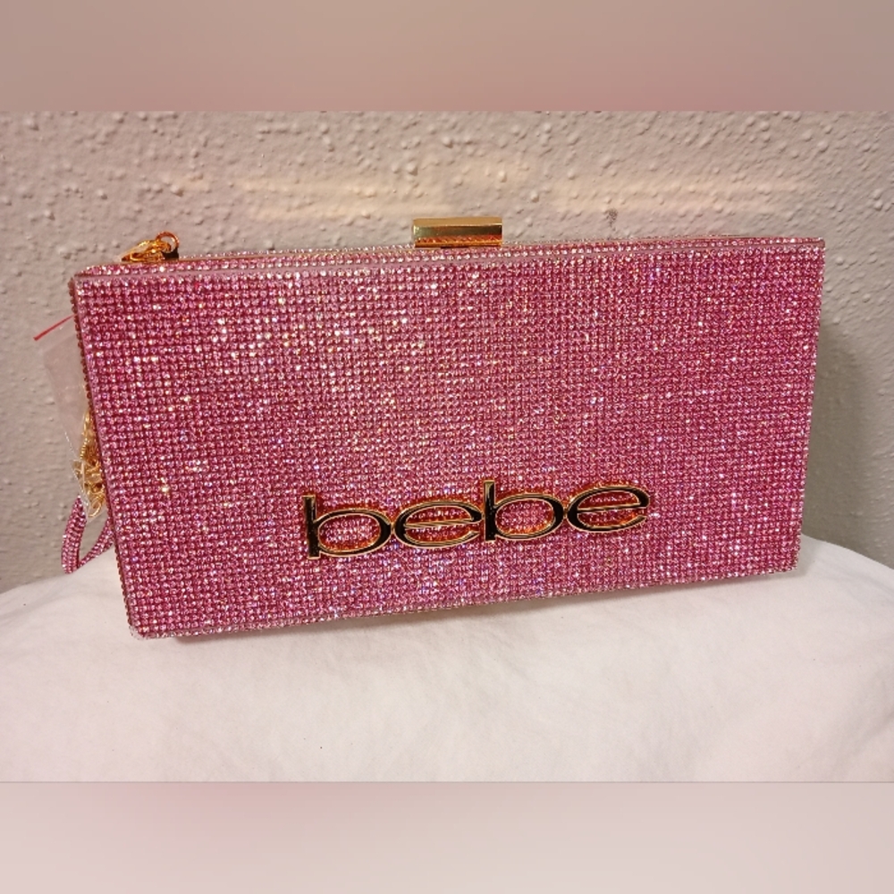BEBE Glittering Pink Clutch with Gold Details New With Tags